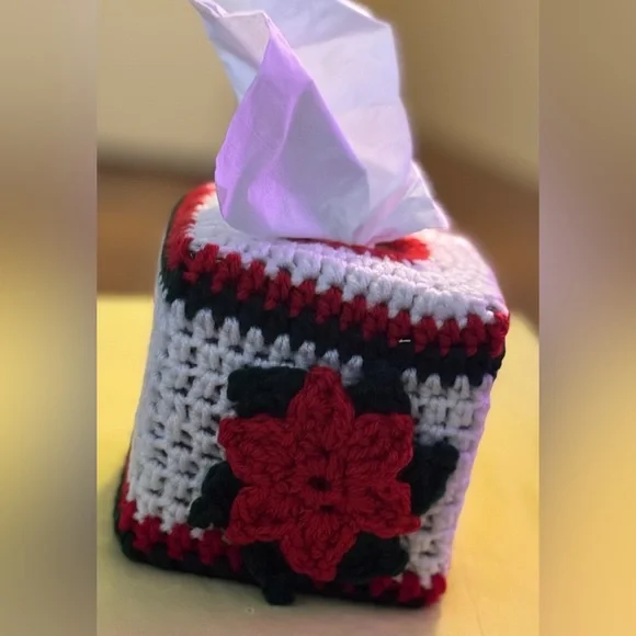 Crochet Tissue Box Cover with Red Flower - Picture 1 of 1